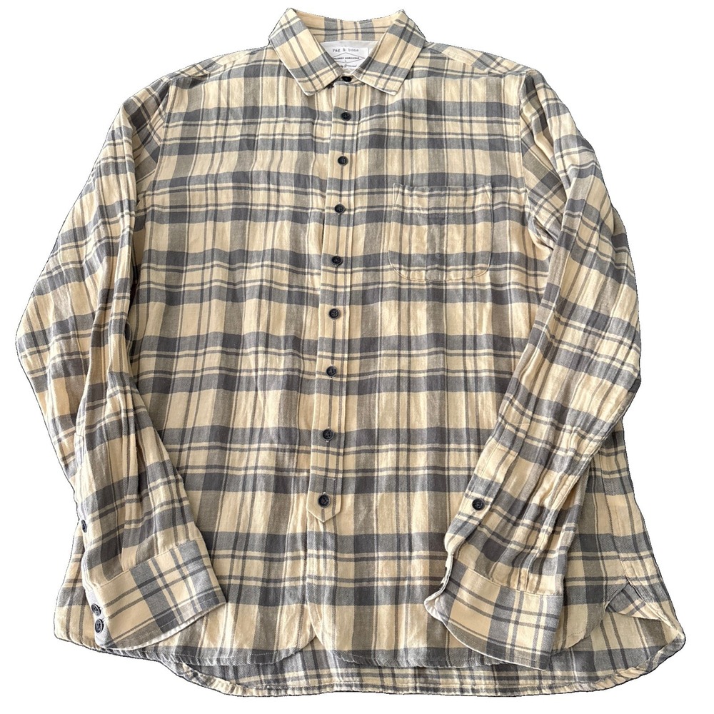 Rag & Bone Tailored Workwear Shirt Plaid Button Up Mens Size L Yellow Gray cotto